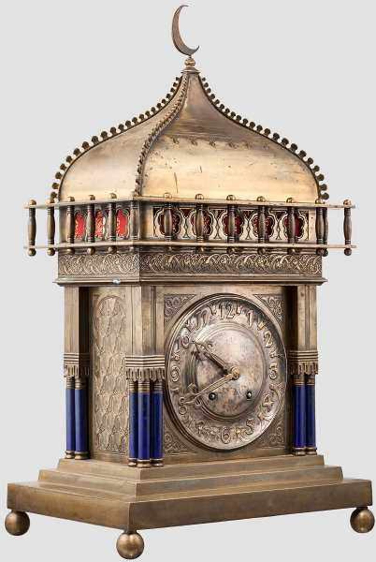 Moschee-Uhr im orientalischen Stil, LFS, um 1900 Pendeluhr mit Schlagwerk. Messinggehäuse mit
