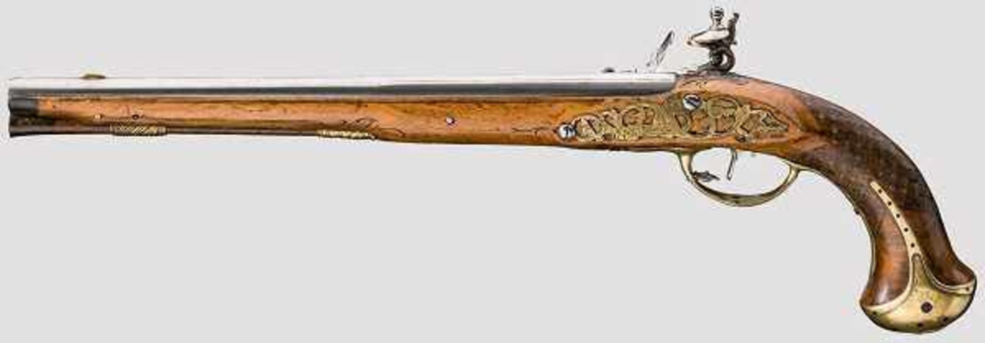 Steinschlosspistole, Italien um 1800 Langer und glatter Lauf im Kaliber 13 mm, die dreifach - Bild 2 aus 3