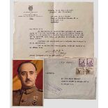 Francisco Franco (1892 - 1975) - Autograph mit Übersendungsschreiben Farbige Karte mit Portrait