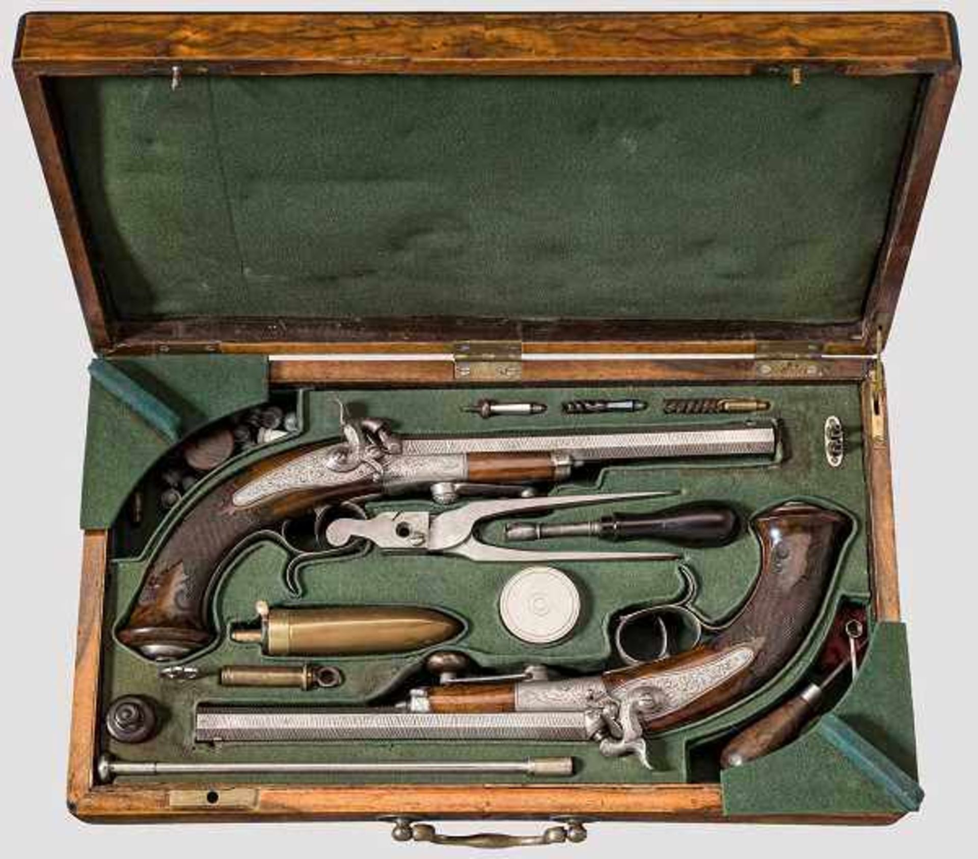 Ein Paar Hinterlader-Perkussionspistolen im Kasten, G. Noack, Berlin um 1870 Achtkantige, achtfach - Bild 7 aus 7