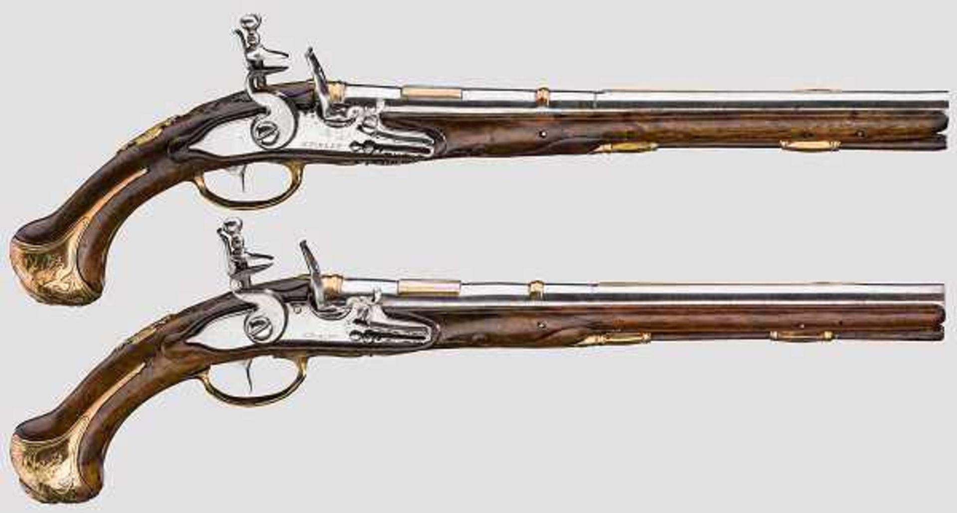 Ein Paar lange Steinschlosspistolen, H. Pirlet, Lüttich um 1730 Runde und glatte Läufe im Kaliber 16