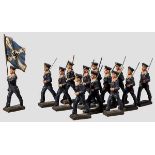 13 Lineol Marine-Soldaten in blauer Uniform im Marsch mit Fahnenträger 13 Marine-Figuren, Lineol,
