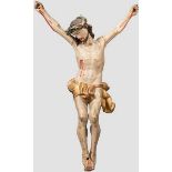 Hölzerne Christusfigur, Auvergne, 19. Jhdt. Volkstümliche Arbeit, farbige Fassung, guter Ausdruck.
