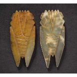 A Pair of Crystal Cicadas, Han Dynasty 漢代水晶蟬 （一對） Width 2.7 cm, height 6.2 cm. Width 2.6 cm,