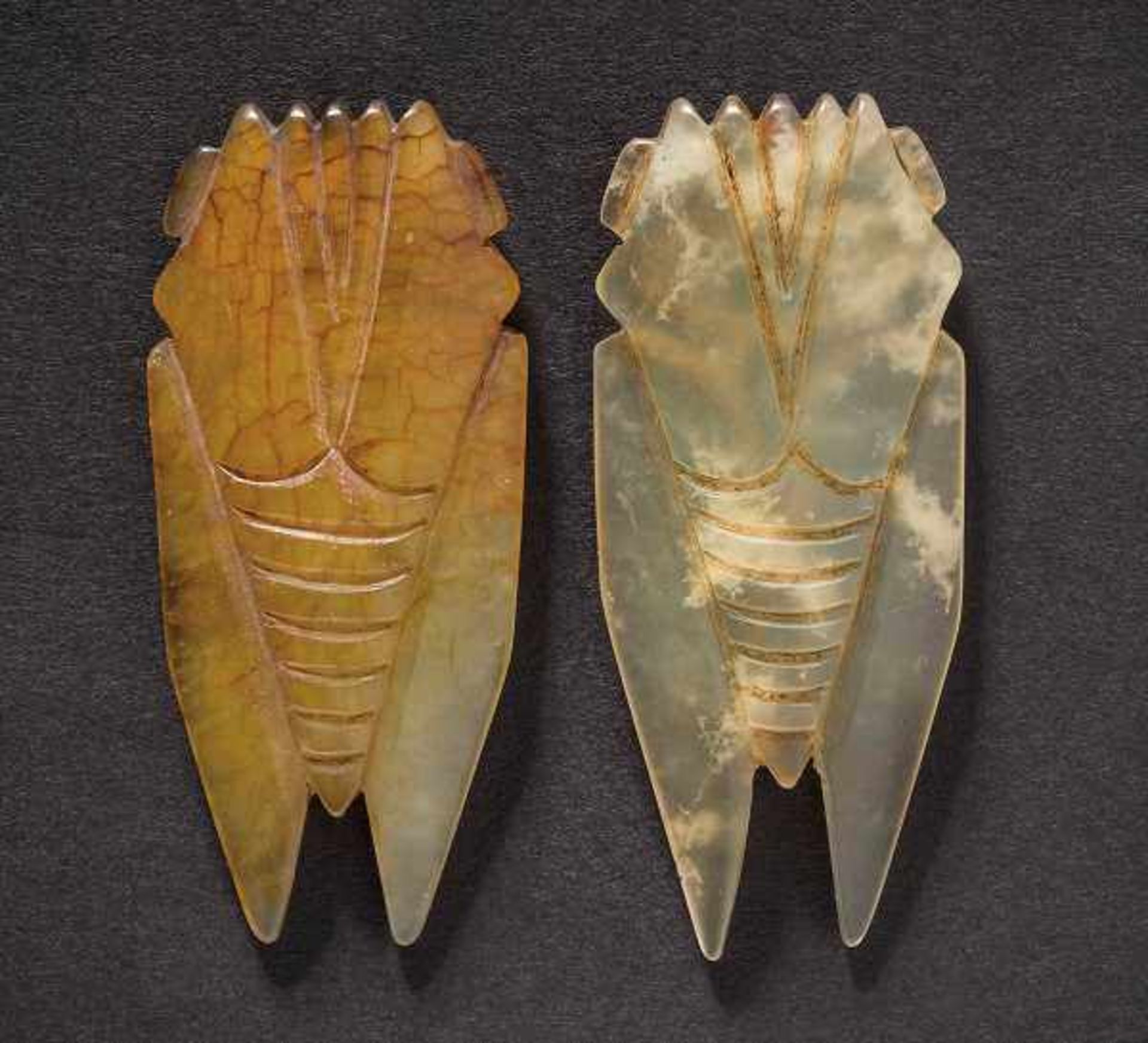 A Pair of Crystal Cicadas, Han Dynasty 漢代水晶蟬 （一對） Width 2.7 cm, height 6.2 cm. Width 2.6 cm,