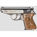 Walther PPK, ZM Kal. .22 l.r., Nr. 219575K. Blanker Lauf. Siebenschüssig. Beschuss Krone/N.