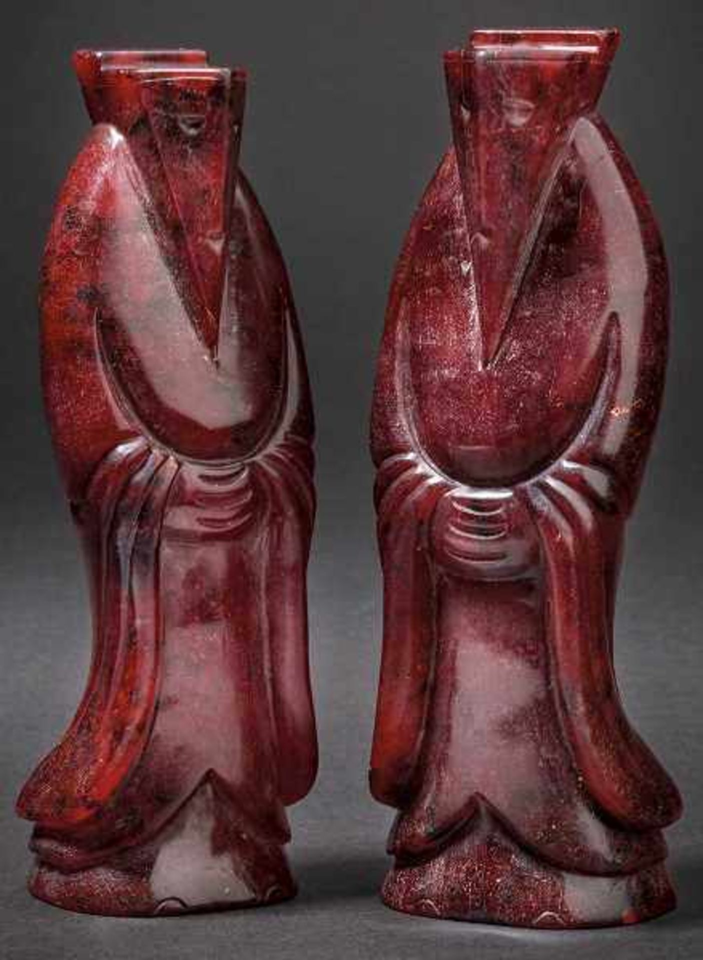 A Pair of Jade Carved Wengzhong, Han Dynasty 漢代玉雕翁仲 (一對) Width 4.5 cm, height 14.1 cm. Width 4.8 cm,