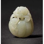 A Carved Jade Pendant with ‘Fu-Lu-Shou’ Motif, Qing Dynasty 清代福祿壽玉雕掛件 Width 4.1 cm, height 5.2 cm. 寬