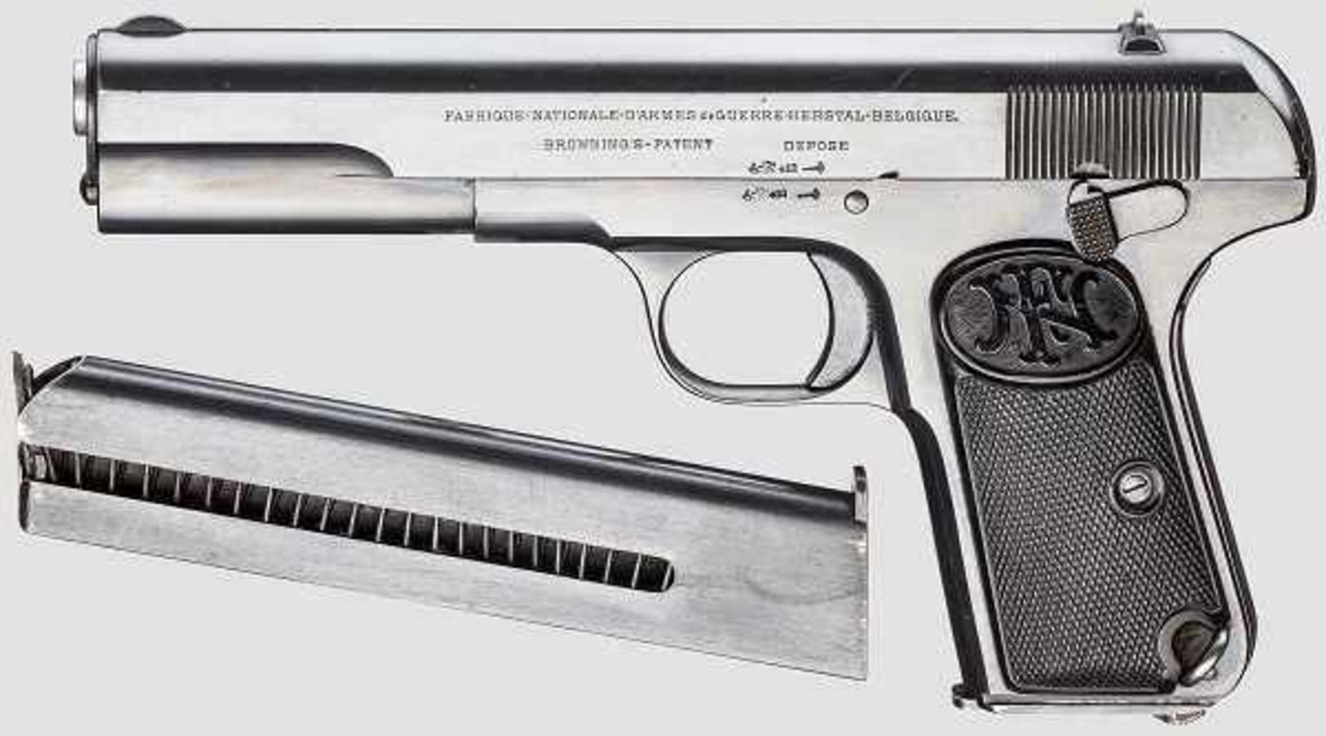 FN Mod. 1903, vorbereitet für Anschlagschaft Kal. 9 mm lang, Nr. 35653. Nummerngleich. Blanker Lauf.