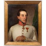 Portrait eines Offiziers um 1820 Öl auf Leinwand, unsigniert. Bruststück in weißem Rock mit roten