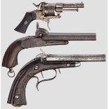 Drei Pistolen, 2. Hälte 19. Jhdt. Ein Stiftfeuer-Revolver, Nr. 16537, im Kaliber 7,5 mm, rauer Lauf,
