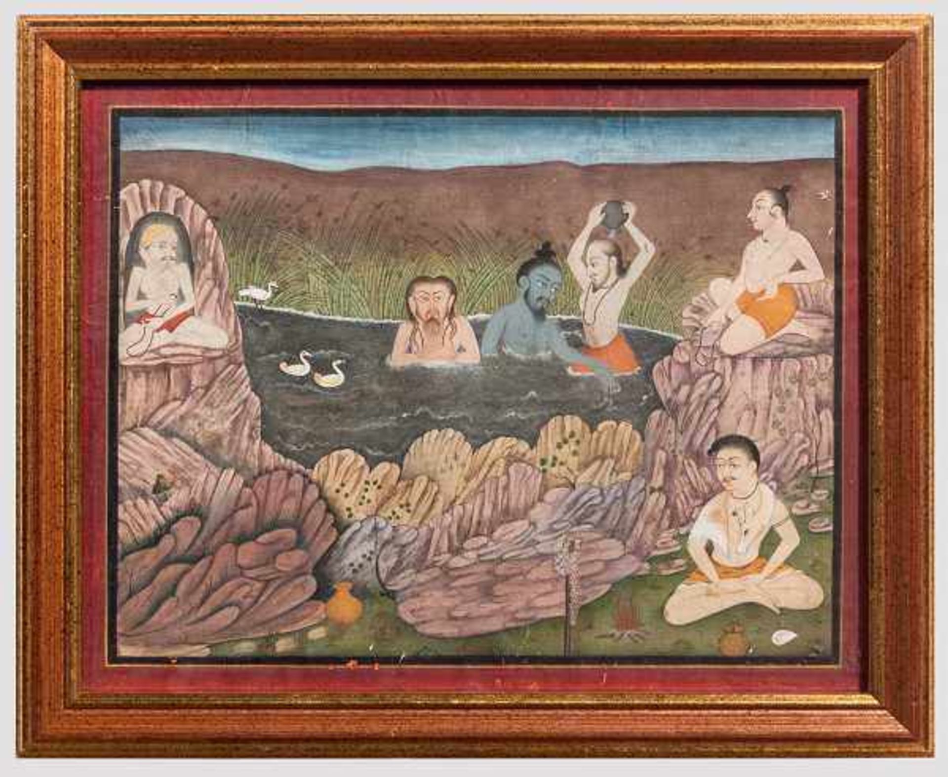 Miniatur, Indien, Kotah/Bundi, 19. Jhdt. Gouache auf Papier. Ein Gruppe von Yogis bei rituellen