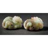 A Pair of Silver Gilt Jade Lions, Yuan Dynasty 元代撮銀雙獅玉擺件（一對） Width 7.2 cm, height 4.3 cm. Width 7.