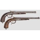 Ein Paar Kipplaufpistolen, Müller & Val. Greiss, München um 1880 Kal. 9 mm, Nummern 21121 und 25844.