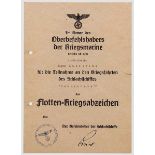 Stabsobermaschinist "Scharnhorst" Eugen Lüsebrink - Urkundengruppe zum Flotten-Kriegsabzeichen