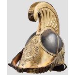 Helm für Mannschaften der Dragoner um 1850 Schwarz lackierter Lederkorpus mit Messingbeschlägen