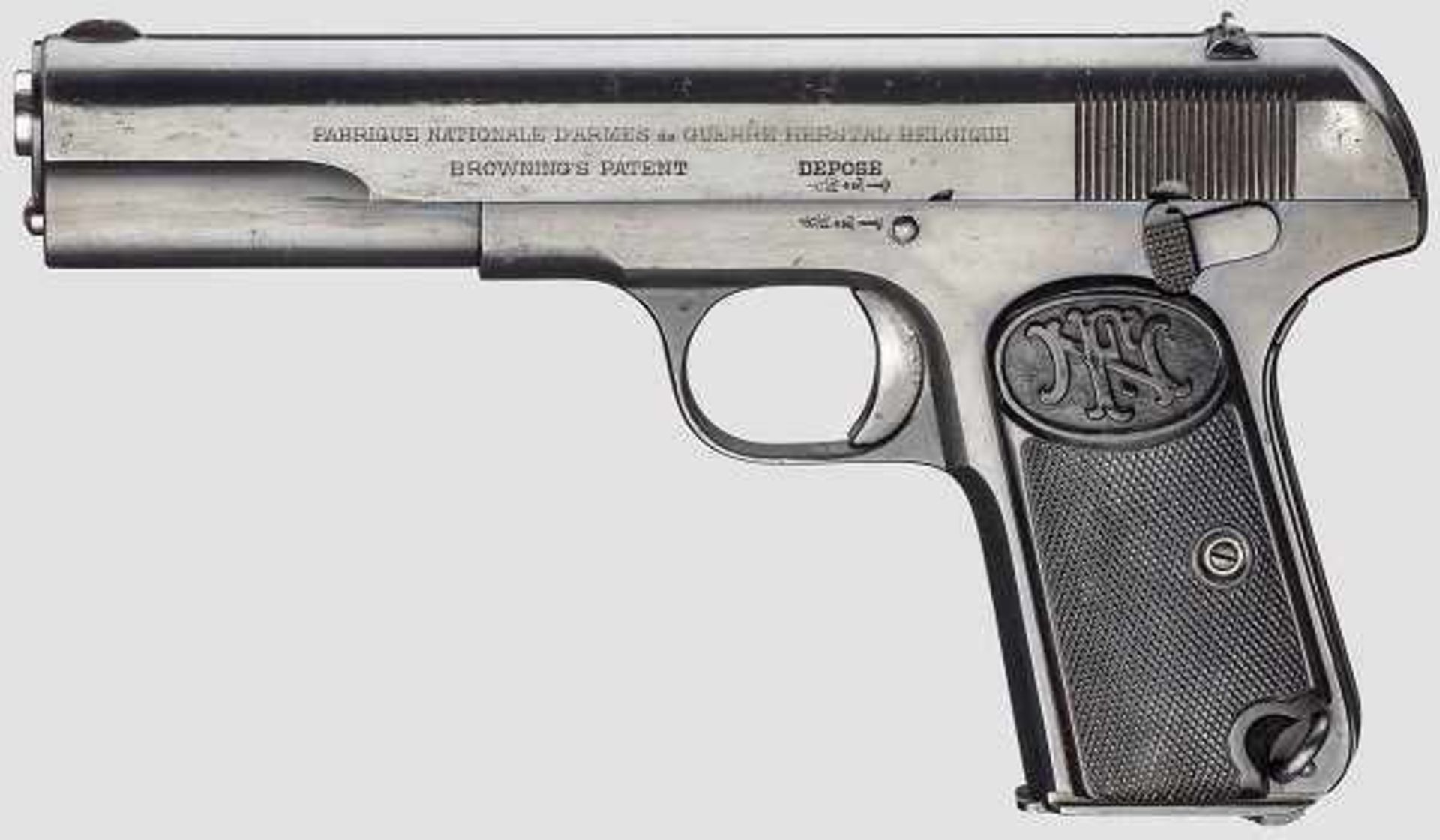 FN Mod. 1903, vorbereitet für Anschlagschaft Kal. 9 mm lang, Nr. 45311. Nummerngleich bis auf den