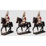 Drei Lineol Life Guard Offiziere zu Pferd, mit gezogenem Degen Drei Figuren, Lineol, 7 cm-Serie,