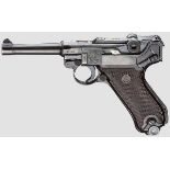 Pistole 08 Mauser, Mischcode "42 - S/42" Kal. 9 mm Luger, Nr. 4708e. Nummerngleich bis auf Kammer