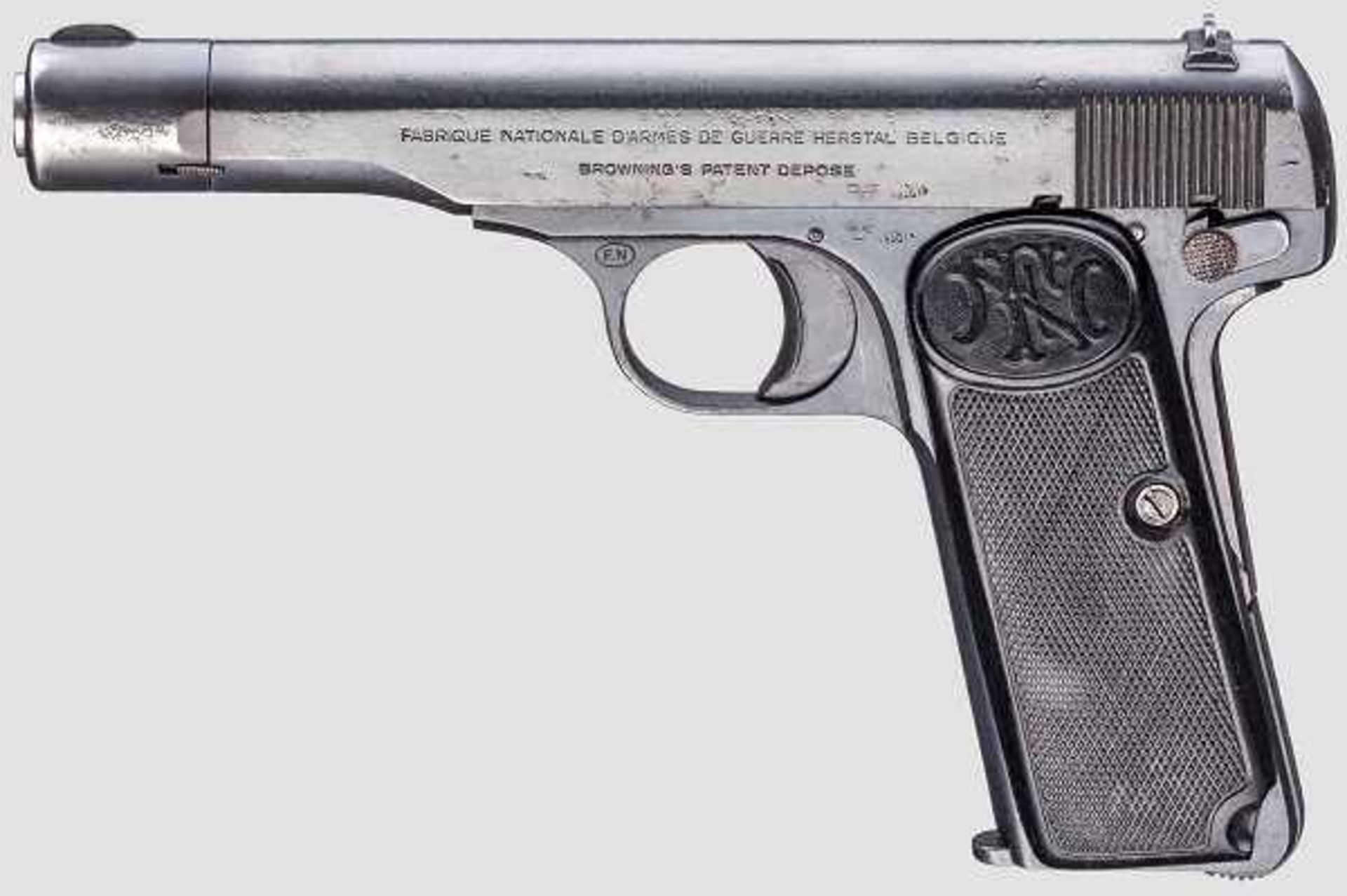 FN Mod. 10/22, mit Tasche Kal. 7,65 mm, Nr. 24084. Nummerngleich. Blanker Lauf. Neunschüssig. Dt.