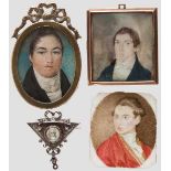 Vier Portrait-Miniaturen, 18./19. Jhdt. Darstellungen von drei jungen Männern bzw. einer Frau gemalt