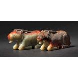 A Pair of Carved Jade Recumbent Goat, Song Dynasty 宋代玉雕臥羊（一對） A celadon jade with few pattern, a