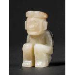 A Carved Jade figure of a Crouching Man with Horns, Western Zhou Dynasty 西周玉雕牛角神人蹲像 Width 3.8 cm,