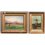 Zwei Gemälde, um 1900 Eines mit Ansicht einer flandrischen Mühle und Booten im Vordergrund, rechts