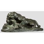 Antoine Louis Barye (1795 - 1875) - Bronze "Panther einen Hasen schlagend" Bronzefigur eines
