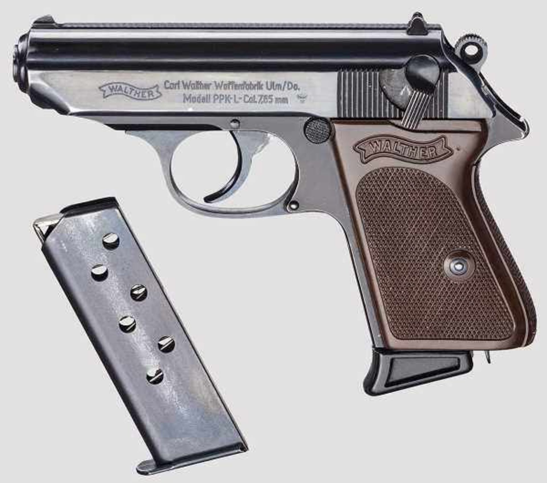 Walther PPK-L, Ulm Kal. 7,65 mm, Nr. 507898. Blanker Lauf. Siebenschüssig. Dt. Beschuss.