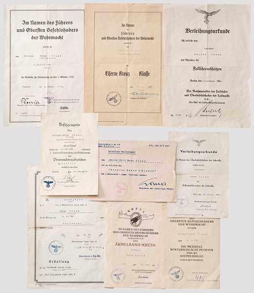Urkunden eines Leutnants im Fallschirmjäger Rgt. 2 Zur Medaille 1. Oktober 1398 vom 9.1.1940, zum