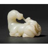 A Celadon Jade Figure of ‘Monkey and Horse’, Ming Dynasty 明代青白玉雕馬上封侯 Width 8.3 cm, height 5.8 cm.