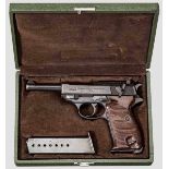 Spreewerk-Walther P 38, im Walther-Schatulle Kal. 9 mm Luger, Nr. 9962h. Blanker Lauf. Achtschüssig.