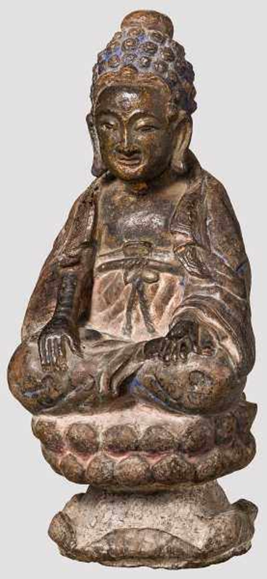 Steinerner Buddha, Bhumisparsa Mudra, 19. Jhdt. Buddha im Lotussitz, die Hände in der Geste des