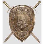 Renaissance-Schild mit zwei Schwertern, Historismus im Stil um 1600 Tropfenförmiger Schild aus