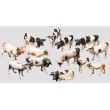 13 Kühe und Rinder Lineol, Elastolin, 7 cm-Serie, 30er Jahre, Massefiguren, 13 verschiedene Kühe und