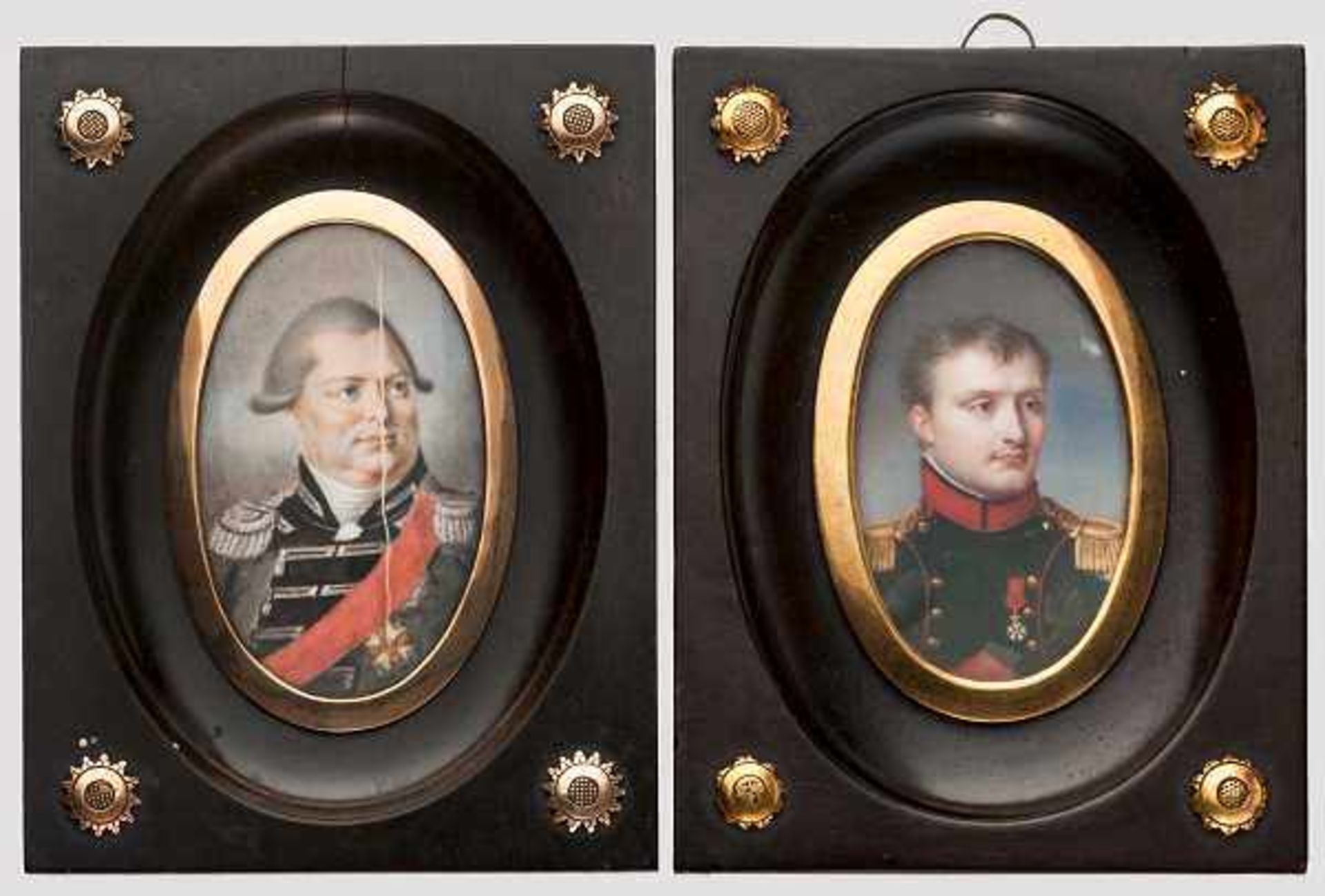 Portraitminiatur Napoleons und eines unbekannten Stabsoffiziers Mitte 19. Jhdt., Gouache auf Papier,