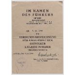 Hauptfeldwebel Willi Renschler - Urkunde zur Ostvölker-Verdienstauszeichnung Verleihungsurkunde