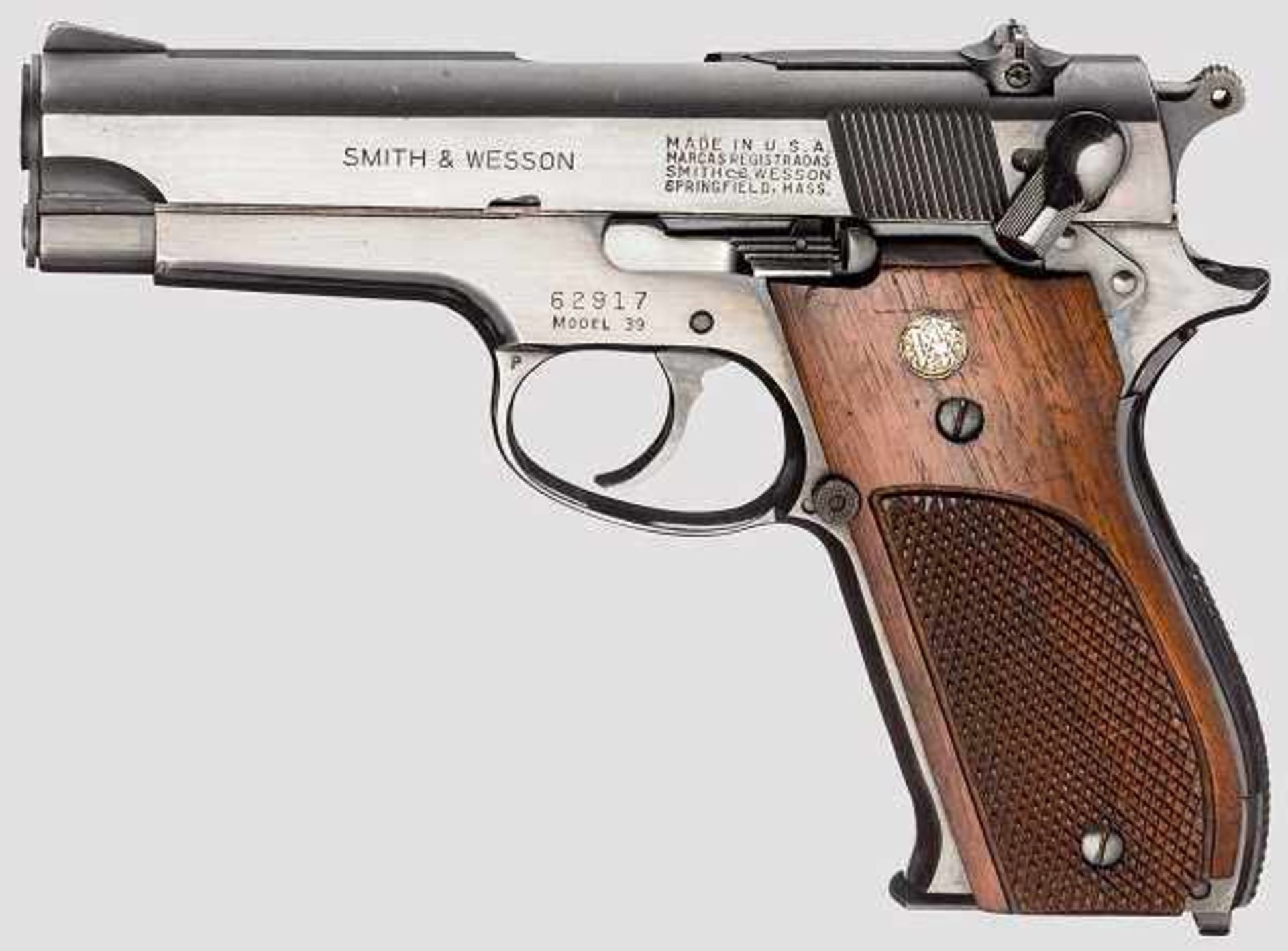 Smith & Wesson Mod. 39, Ganzstahl, "1st Generation DA 9 mm" Kal. 9 x 21, Nr. 62917. Blanker Lauf,