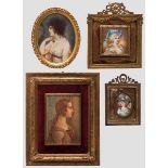 Vier Miniaturen, 19. Jhdt. Auf Elfenbein gemalte unterschiedlich große Damenportraits. Zwei