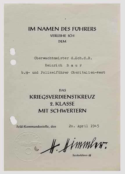 Verleihungsurkunde zum KVK 2. Klasse mit Schwertern mit Faksimileunterschrift Himmlers vom 20.4.1945