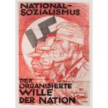 Frühes Werbeplakat der NSDAP mit Beschlagnahmungsnotiz von 1931 Zweifarbiger Druck auf Papier, unten
