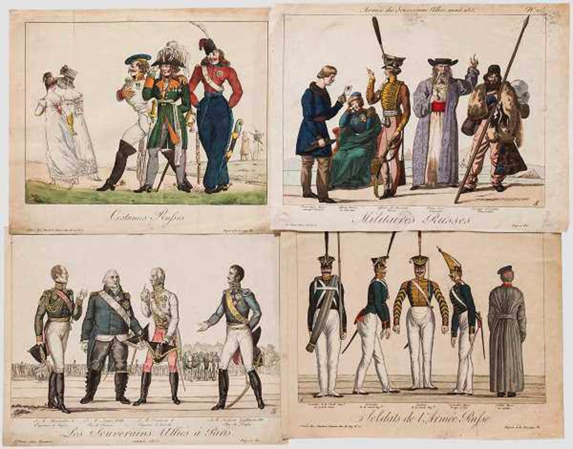 Sieben französische Stiche und eine Lithografie mit Darstellungen von russischem Militär, um 1815/20