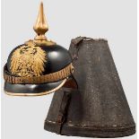 Helm M 1886 für Reichsbeamte, mit Koffer Eigentumsstück. Schwarz lackierte Lederglocke mit rundem