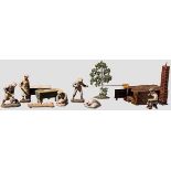 Fünf Elastolin-Bäckerfiguren mit Ofen und Zubehör Fünf alte Figuren, Elastolin, 10 cm-Serie, frühe