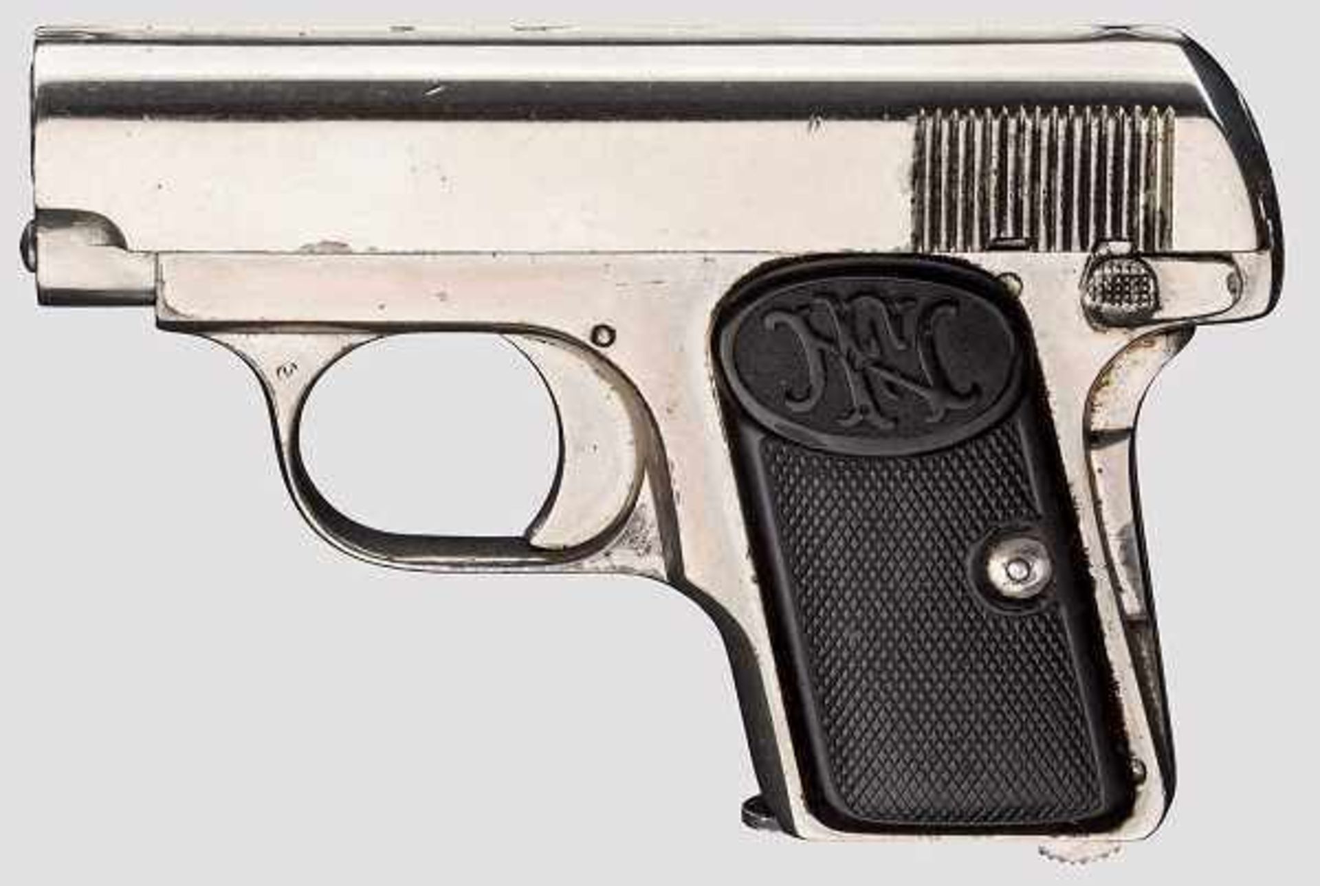 FN Mod. 1906, vernickelt Kal. 6,35 mm, Nr. 189314. Nummerngleich. Lauf matt. Sechsschüssig. Gültiger