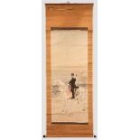 Rollbild mit Reiterdarstellung, Meiji-Periode Papier mit feinem Stoffbezug, darauf in Wasserfarbe