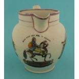 William III: a pink lustre banded jug printed in black and decorated in colours with an inscribed