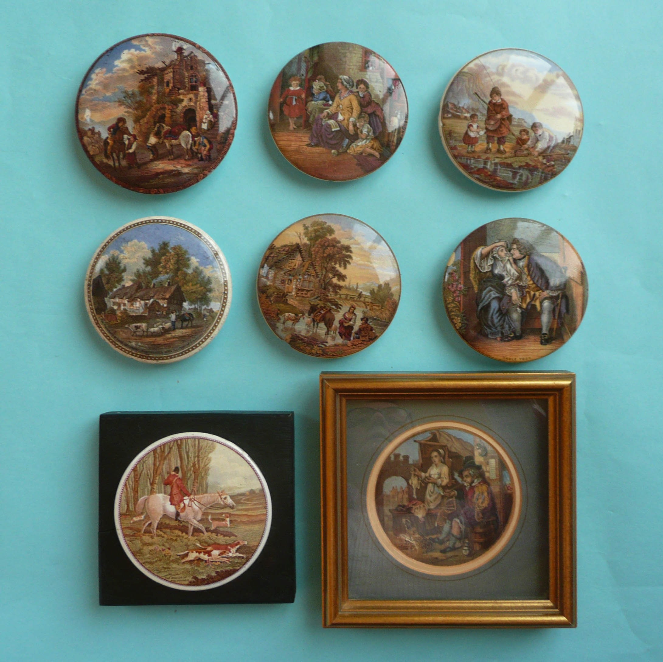 Eight lids, each defective, two being framed (8) (pot lid, pot lids, potlid, potlids, prattware)