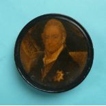 1831 William IV: a circular papier-mâché box the lid with a portrait, 97mm (commemorative,